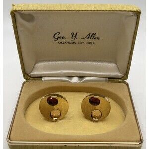 Vintage Gold Tone Textured Round Brown & Tan Crystal Encrusted Cuff Links New